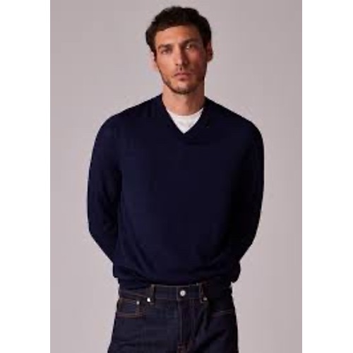 Paul Smith Mens Navy Blue Merino Wool V Neck Sweater Xl Rainbow Stripe Trim
